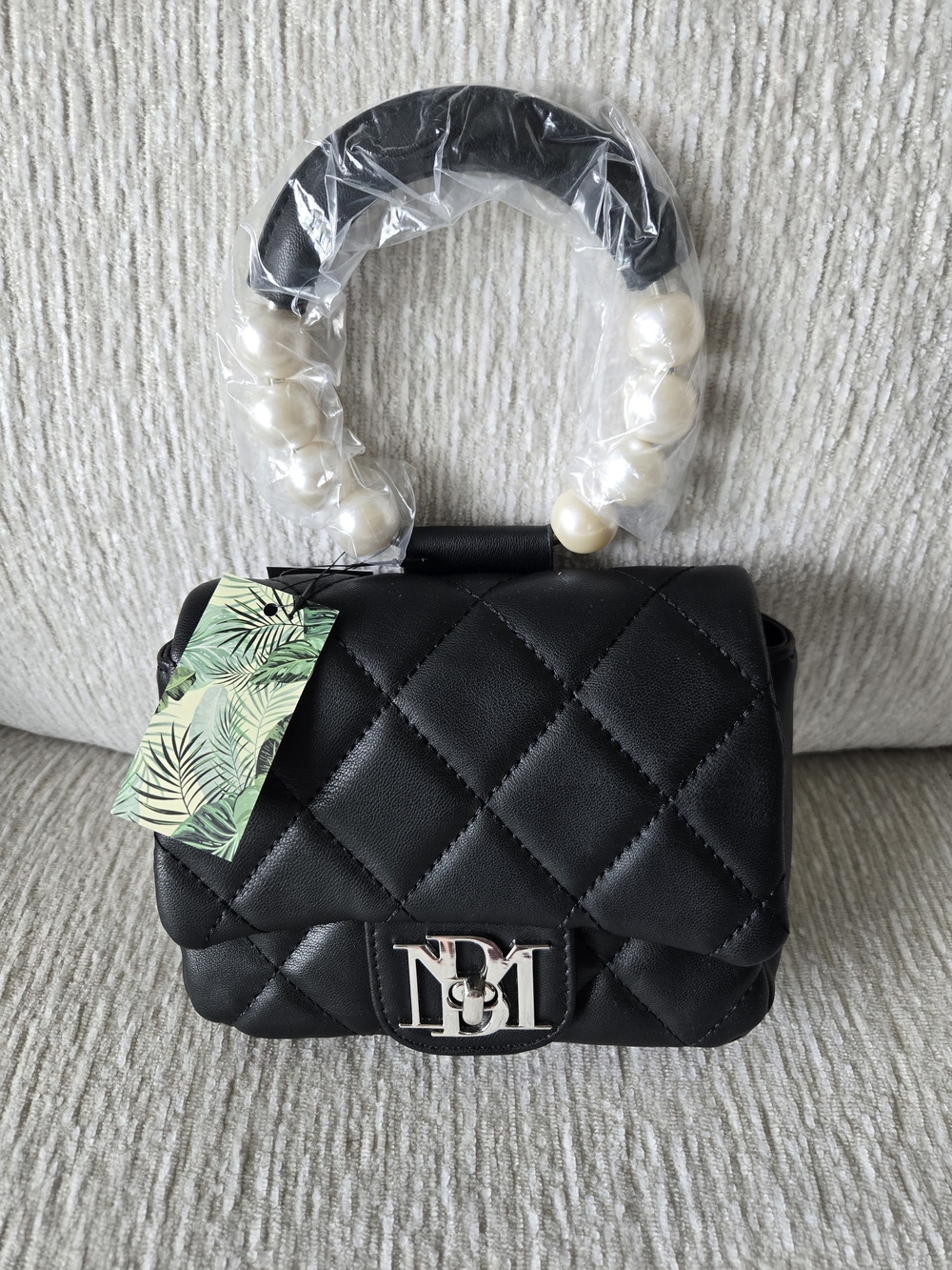 Badgley Mischka Black Quilted Mini Bag with Pearl-Accented Handle